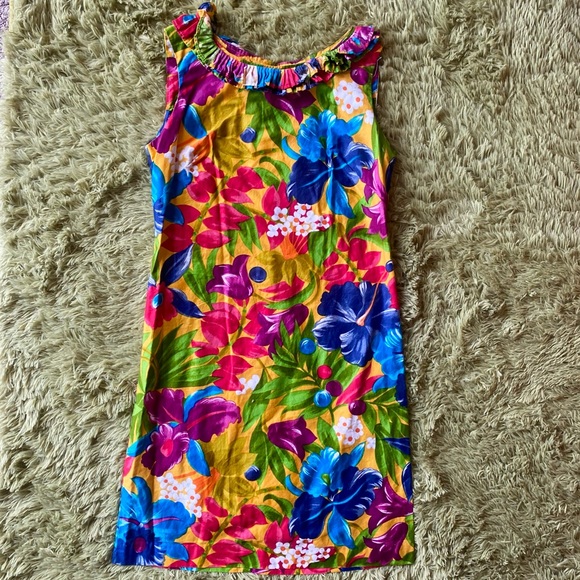 Vintage 1960s Floral Shift Dress W/ Ruffle Neckline - Picture 6 of 12